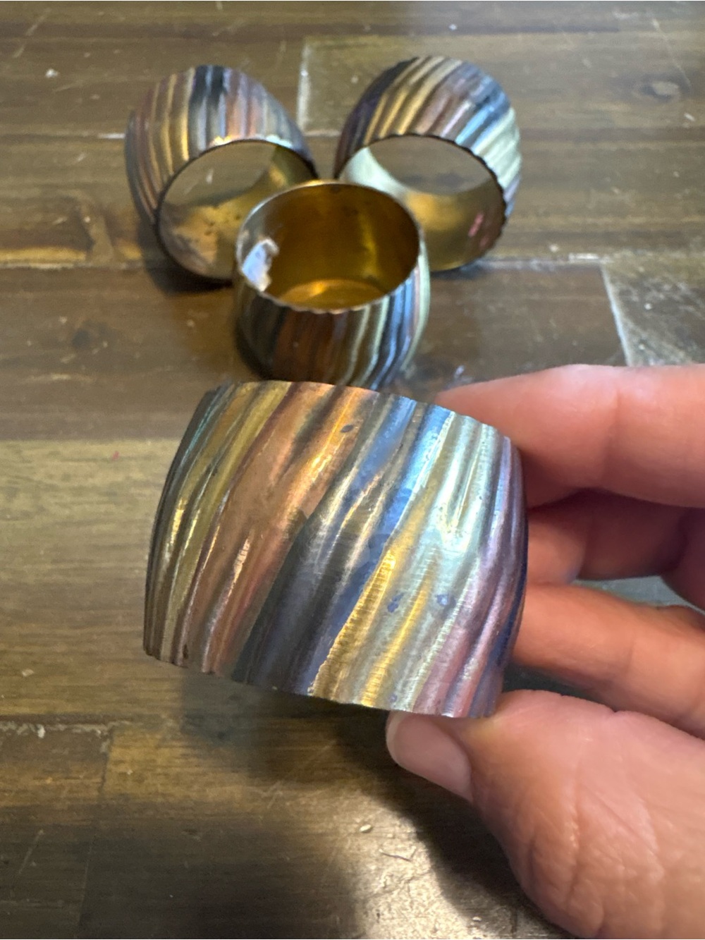 Vintage Copper Silver Plate and Brass Ribbed Napkin Ring Holders Set of 4 Tri